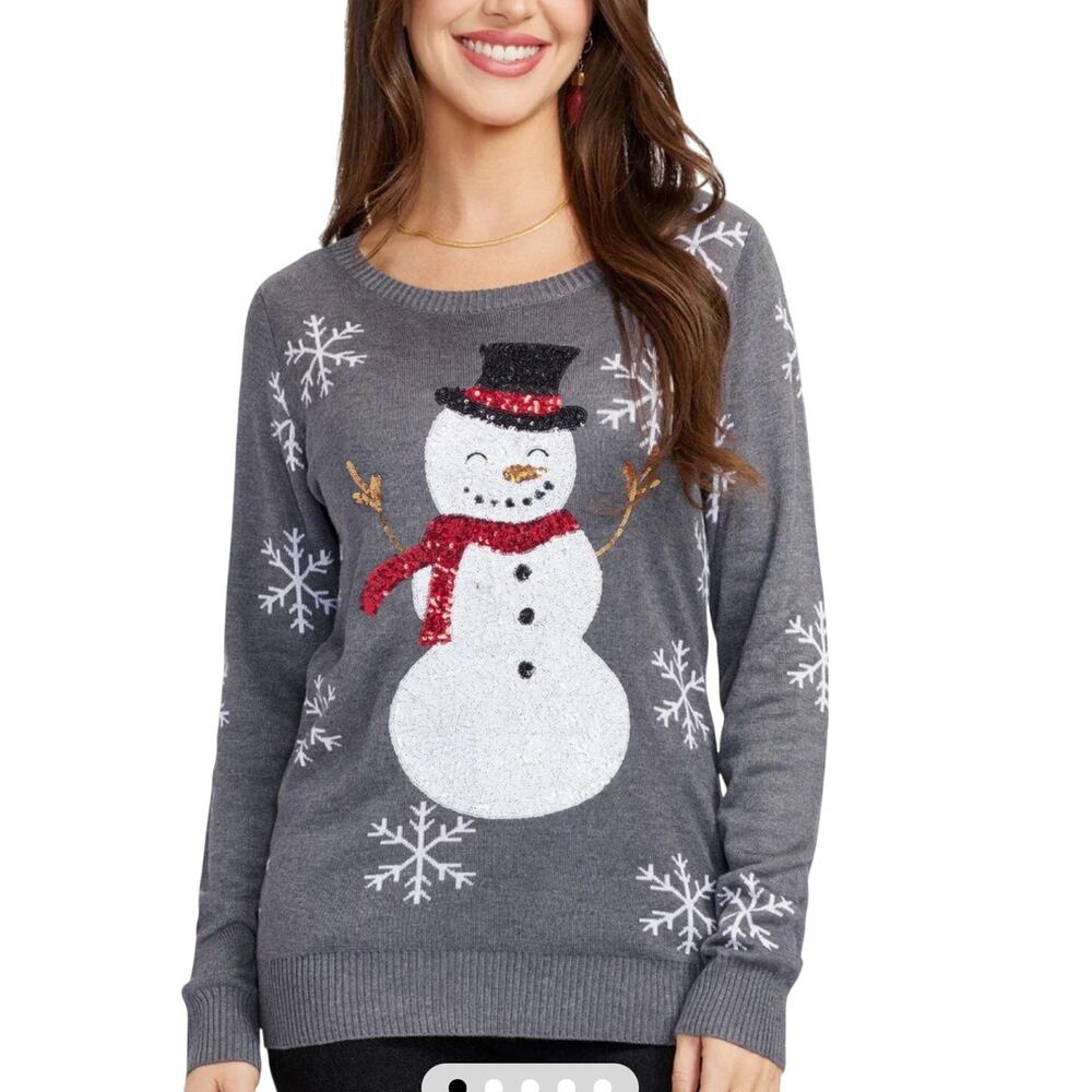 Tipsy Elves Women's Sequined Snow Day Ugly Christmas Sweater, Gray, Size Small